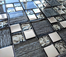 Luxury Black Grey Silver Foil Glass Chrome Square Metal Mosaic Wall Tiles 8mm