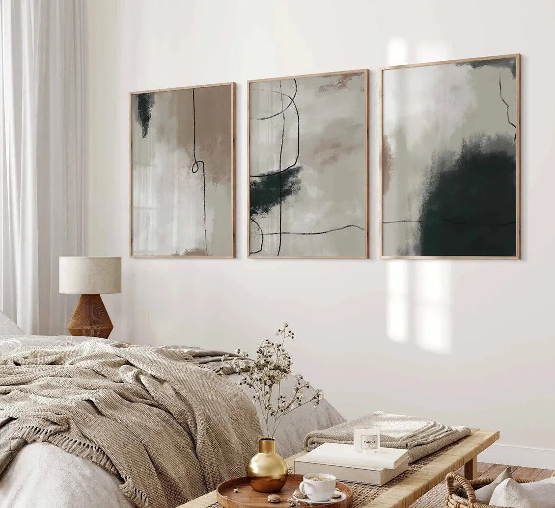 Abstract Modern Neutral Gallery Wall Art Set of 3 Beige And Black ...