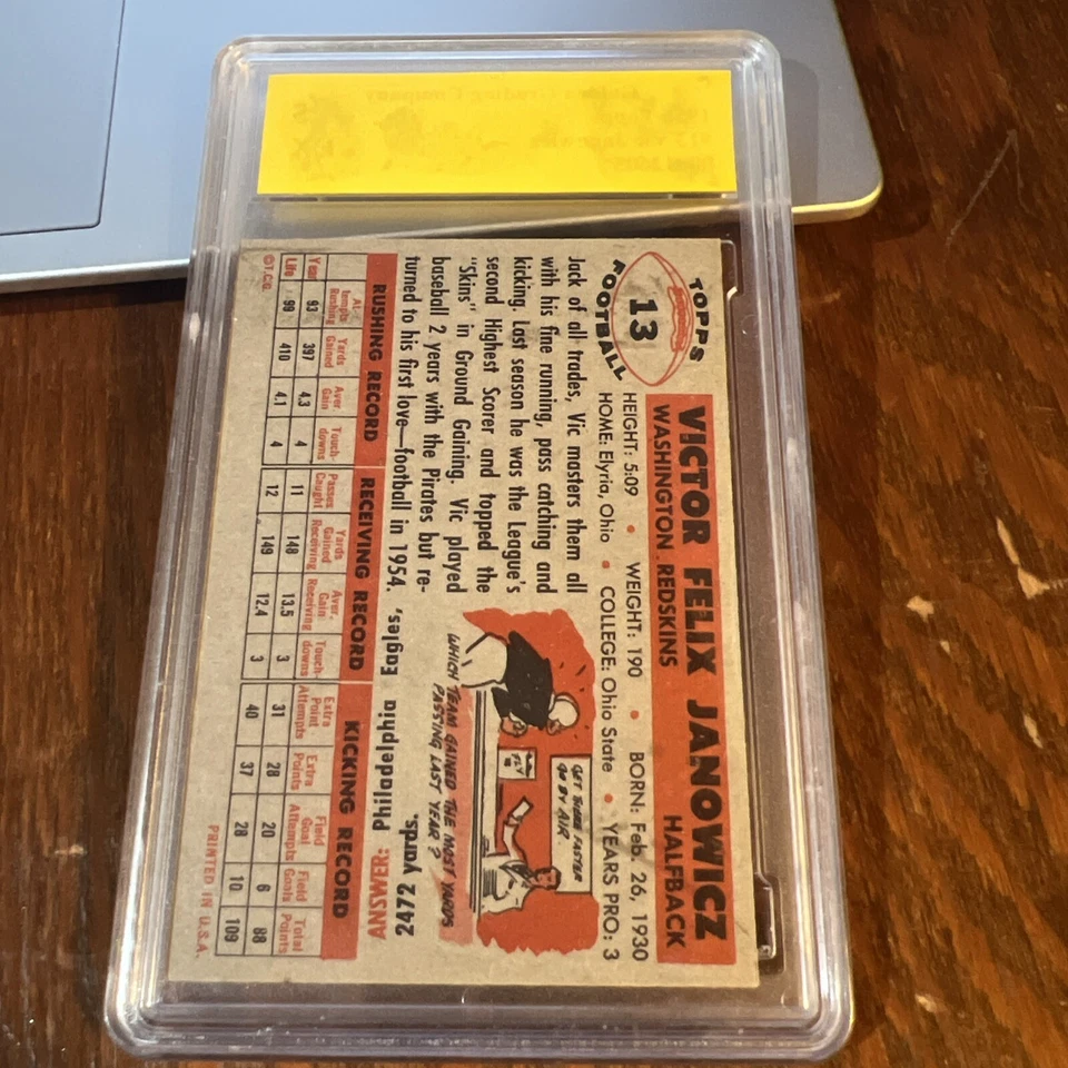Vic Janowicz 1956 Topps Football Card #13 Golden Grading 5 EX Redskins OSU - Image 3 of 3