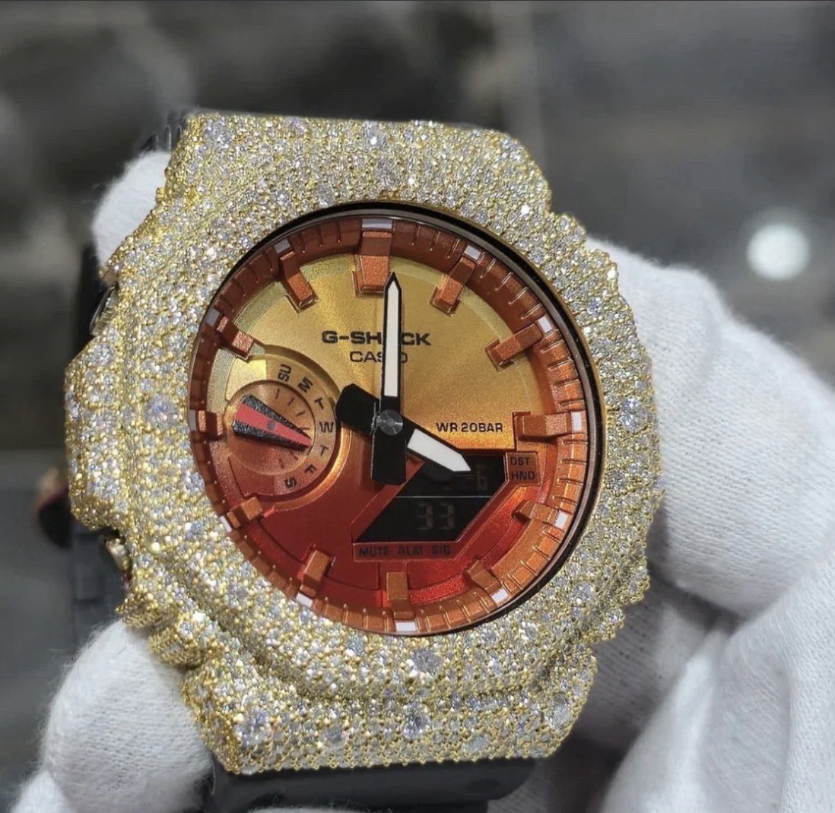 Authentic Casio G-SHOCK Custom Yellow Iced Out Watch Orange Dial | Gray Band
