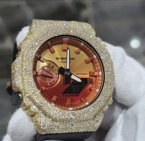 Authentic Casio G-SHOCK Custom Yellow Iced Out Watch Orange Dial | Gray Band