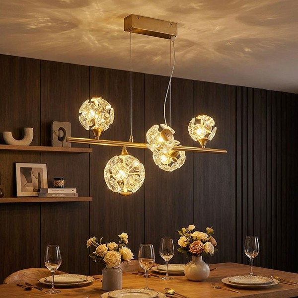 Pendelleuchte HäNgelampe Esstischleuchte Glas Kristalle Goldfarben Led H 150 Cm-image