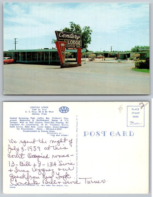 #ad 1959 Century Lodge Abilene Texas Motel Sign AAA Postcard Dexter Press $1.99