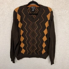 VTG Tosani Canada Argyle Sweater Mens M Brown Diamond Geometric Dad Grandpa