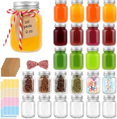 25 Pack 2 oz Mason Jars with Silver Lids, Mini Glass Jar for Ginger Shots, Small