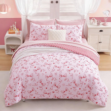 Full Size Comforter Set for Girls, Red Bow Bedding Set Reversible with Cute Hear
