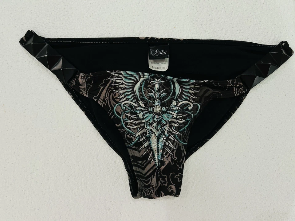 Y2K Sinful By Affliction 游泳裤棕色绿松石水钻垃圾桶尺寸 M — 第 3/4 张图片