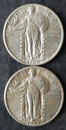 Two 1930 25c Standing Liberty Silver Quarter Dollars