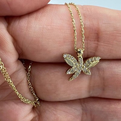 Neu Elegant 14K Massiv Gold Halskette Schmetterling Anhänger mit Funkelsteinen 1,8g