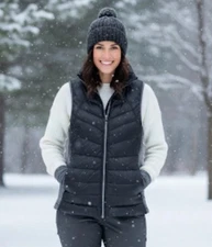 Womens Vest Size Large Gray Black Goose Down Feather Puffer Warm EUC