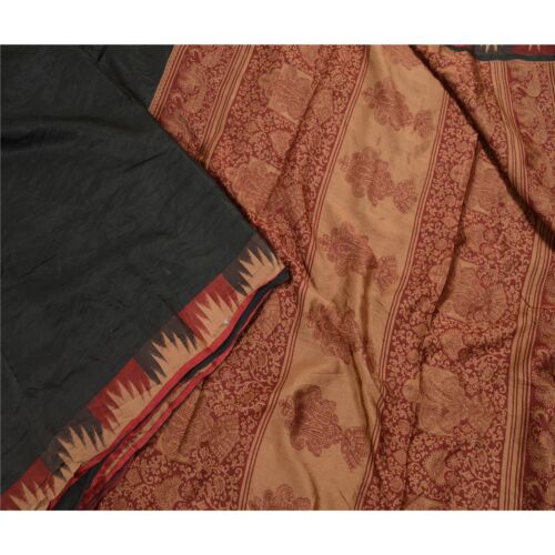Sanskriti Vintage Black Pure Silk Sarees Peacock Printed Sari Decor Craft Fabric