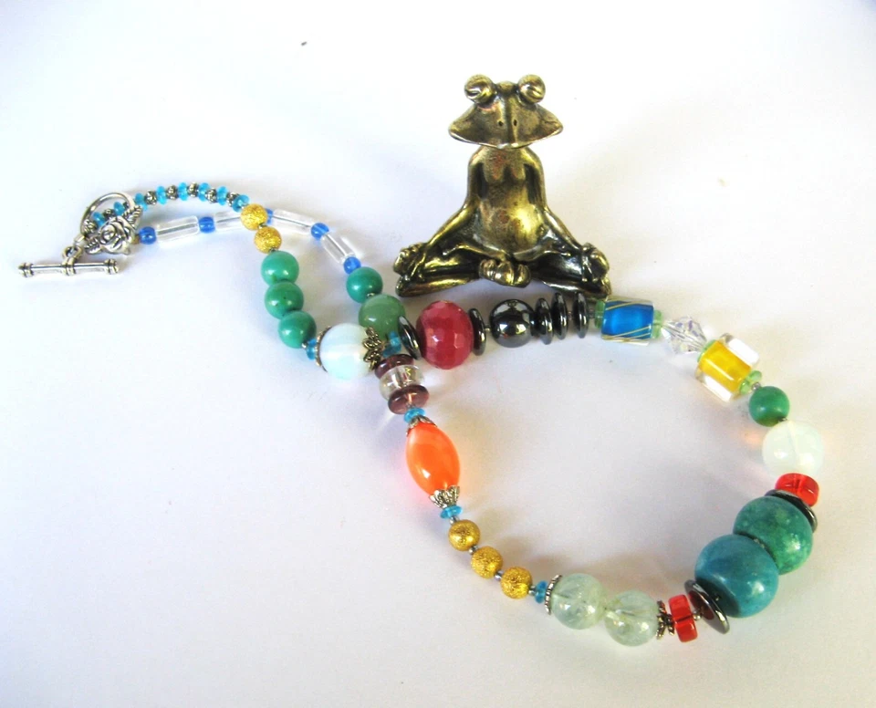 🐸Handcrafted Beaded Chunky Statement Necklace Blown Glass, Turquoise, Jade VTG - Image 2 of 4