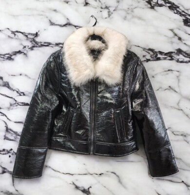 Unreal Fur Wet Look Aviator Biker Jacket Faux Leather and fur Black Size LG  New