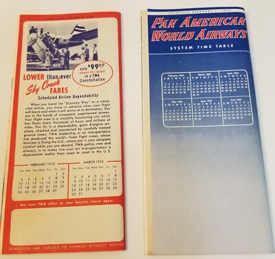 176: 1952 TWA and Pan American World Airways VINTAGE Time Tables 