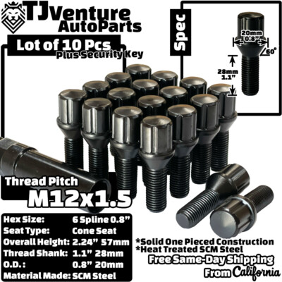 10Pc Black 12x1.5 Tuner Spline Lug Bolt 28mm Shank+Key Fit Aftermarket Mercedes