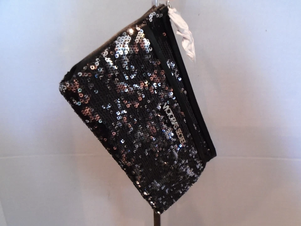 Victoria's Secret Evening Bag Purse Black Silver Sequin Zipper Clutch Classy - Image 4 of 4