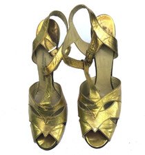 1930's Glam Vintage Gold Metallic Leather Open Toe T strap Slingback Heels 5-6N