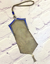 Vtg Art Deco Mesh Purse Sapphire Stone Alpaca Silver Cobalt Blue Enamel Micro