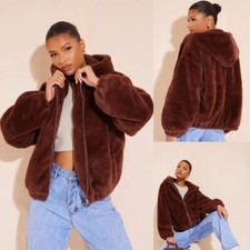 Prettylittlething Women Size 12 Chocolate Faux Fur Balloon Sleeve Hooded Jacket