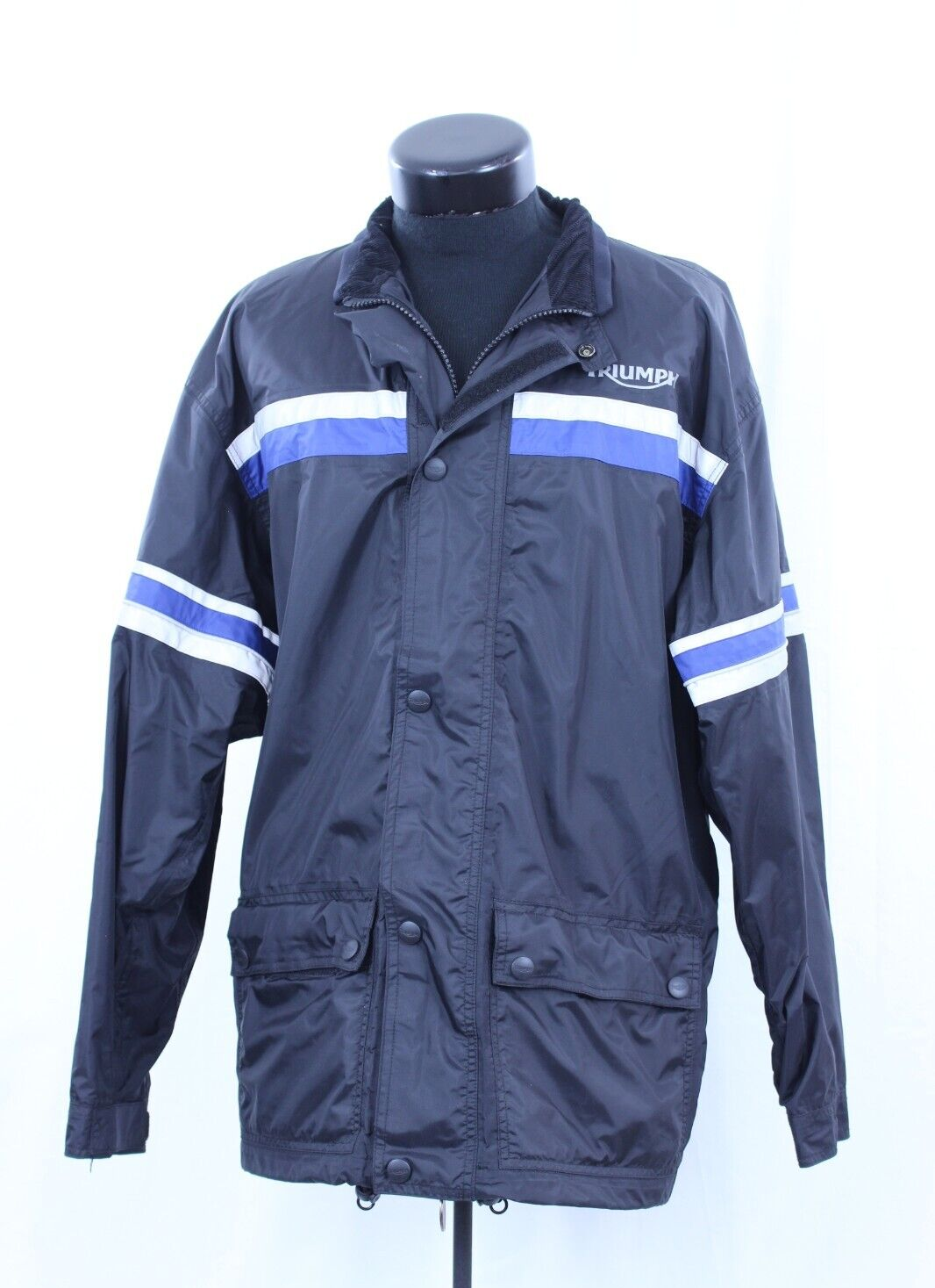 Triumph Motorcycles Jacket Coat Raincoat BLACK Reflective Stripes Blue Gray M
