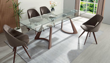 TAVOLO ALL. PIANO VETRO TEMPERATO TRASP./FUME' GAMBE IN MASSELLO NOCE CANALETTO