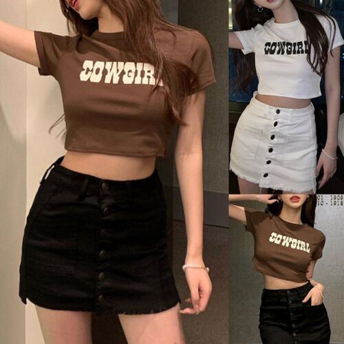 T-shirt Tops Fashion High Waisted Navel M-2XL Neck Polyester Slim Crew - Picture 1 of 29