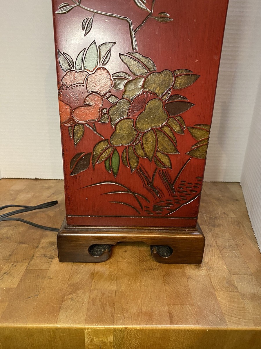 Vtg Wildwood Lampholder Asian Red Wood Carved Table Lamp