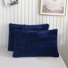 Faux Fur Throw Pillow Cases, Plush Shaggy 26" x 20" Pack of 2 Navy Blue