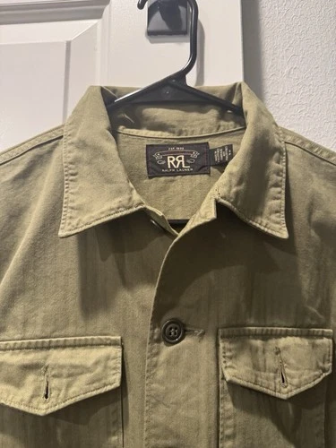 RRL Ralph Lauren Green Cotton Twill Military Jacket Shirt Pockets Size S image 10