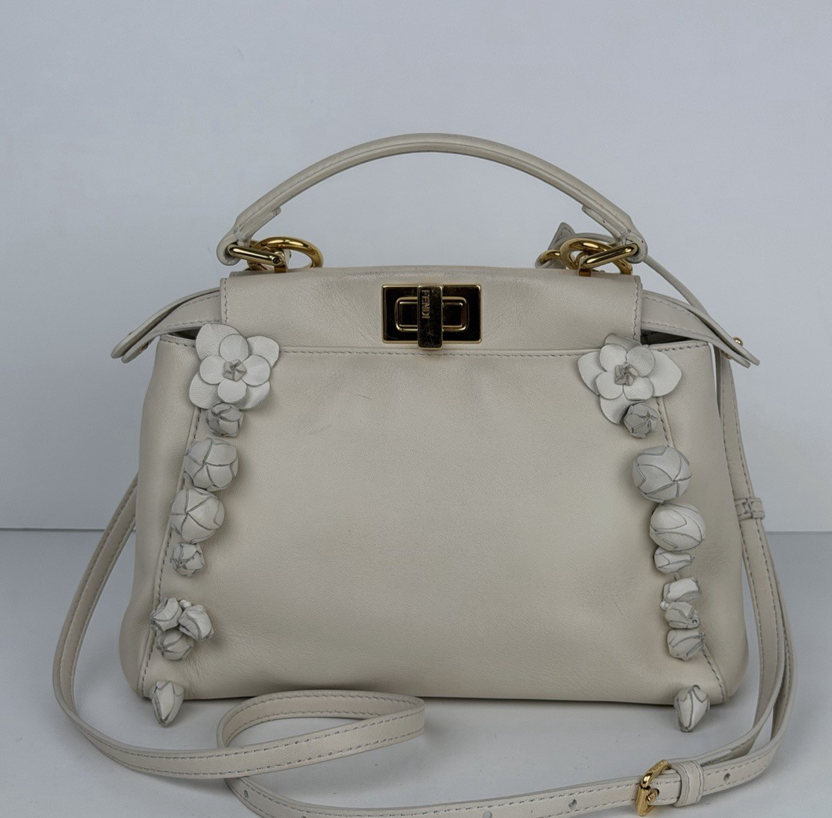 Fendi Nappa Rosebud Mini Peekaboo Iconic Satchel in White Lambskin Leather S09 thumbnail 6