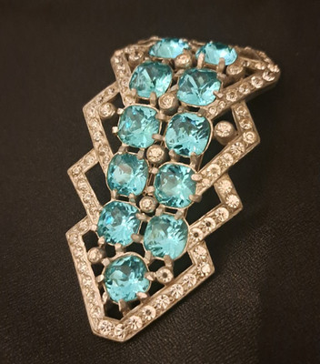 Art Deco EISENBERG ORIGINALS Aquamarine Crystal Large Unique Fur Dress Clip