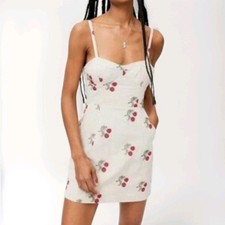 Urban Outfitters Mini Dress Cotton Cherry Cross-stitch Pattern Mini Beige Red S