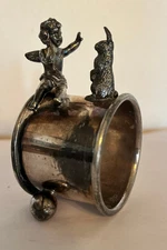 Victorian Figural VICTOR SULVER Co. Napkin Ring 543 CHERUB/RABBIT Plated 1890 3"