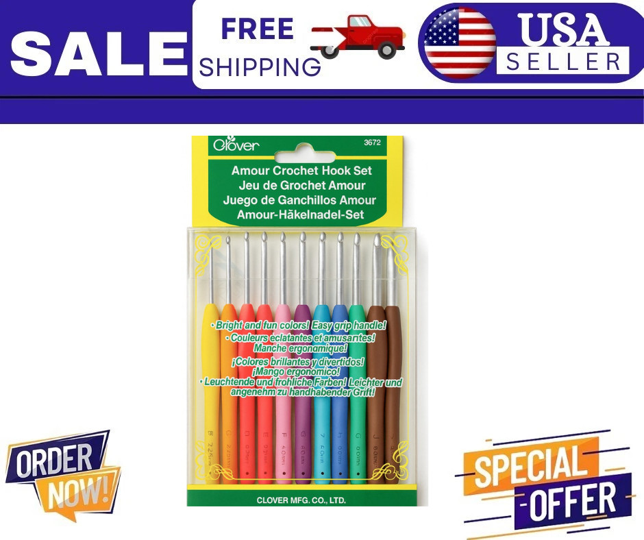 Clover Amour Crochet Hook Set 3672 Ergonomic Soft Grip 10 Hooks