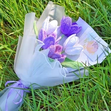 5pcs Crochet Tulips Bouquet, Knitted Flowers Bouquet Purple, Completed Flower...