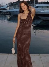 ZARA NEW LONG BROWN CHIFFON ECRU ASYMMETRIC DRAPED NECK POLKA DOT DRESS SIZE M 