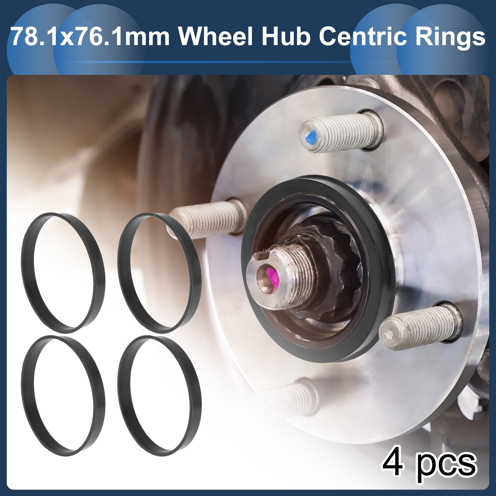 78.1mm to 76.1mm Car Wheel Hub Centric Rings Black Polycarbonate 4 Pcs