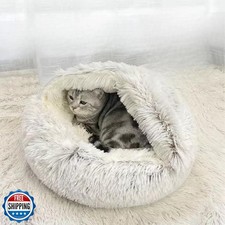 Cat Bed Round Fluffy Hooded Cat Bed Cave, Anti-Anxiety Cave Bed with Hooded B