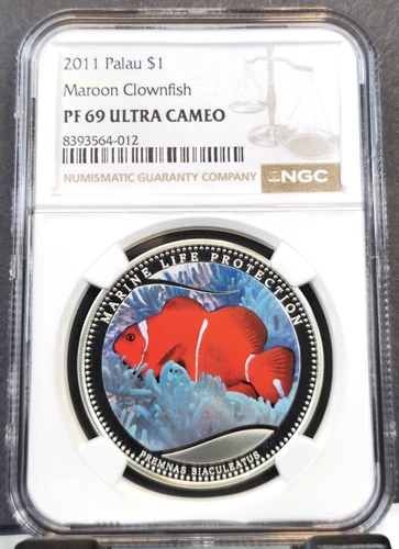 2011 PALAU 1 DOLLAR MAROON CLOWNFISH & MERMAIDS NGC PF 69 ULTRA CAMEO TOP POP 1