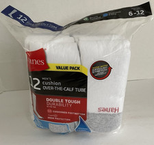 12-Pair, Hanes over-the-calf Cushioned Tube Socks, Size 6-12,  White/Grey Toe