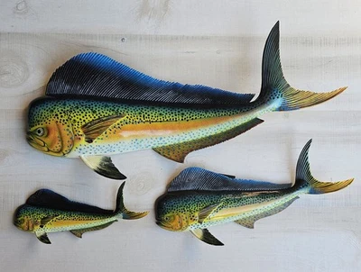 Mahi Hand Painted 28" 18" 12" Replica Dorado Wall Mount Sculpture Fish Set of 3 - Image 1 of 4