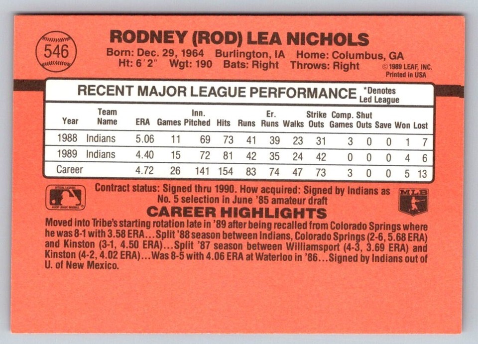 Rod Nichols 1990 Donruss 546a Cleveland Indians Baseball Card eBay
