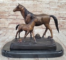 Détaillé Bronze Cheval Sculpture : Jument Et Poulain Statue Signé Par J.Moigniez
