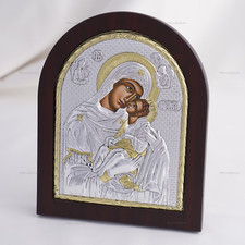 Icona Cristiana Greca Ortodossa Argento Di THEOTOKOS DOLCE BACIO, Icona 5,9x7"
