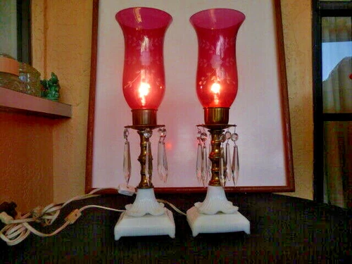 CRANBERRY LAMPS ETCHED GLASS STACKS CRYSTAL PRISMS ON MILK GLASS ORNATE BASES- 2