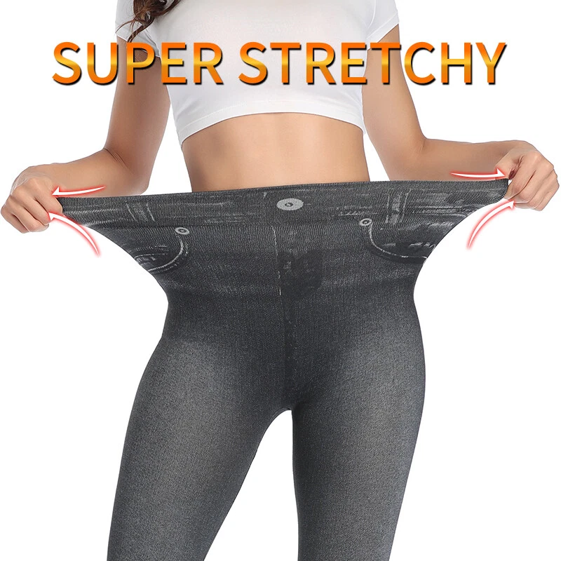 High Waist Denim Print Fake Faux Jeans Leggings Women Skinny Pants Trousers US - Image 4 of 4