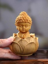 Chinese Boxwood Wood Hand Carved Lotus Buddha Statue