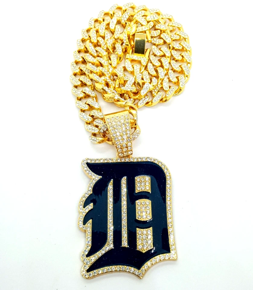 DETROIT TIGERS GEM NECKLACE Gold Bling MLB Hip Hop Baseball Pendant & 20" Chain - Image 3 of 4