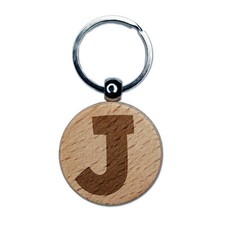 Letter J Uppercase Fun Bold Font Engraved Wood Round Keychain Tag Charm