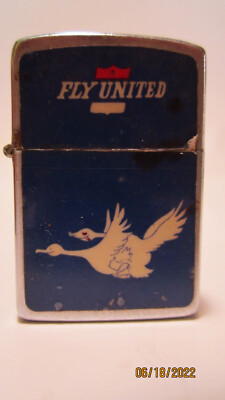 Vintage OK Lighter ''Fly United'' 2 Geese in flight on blue. Japan 1960s 